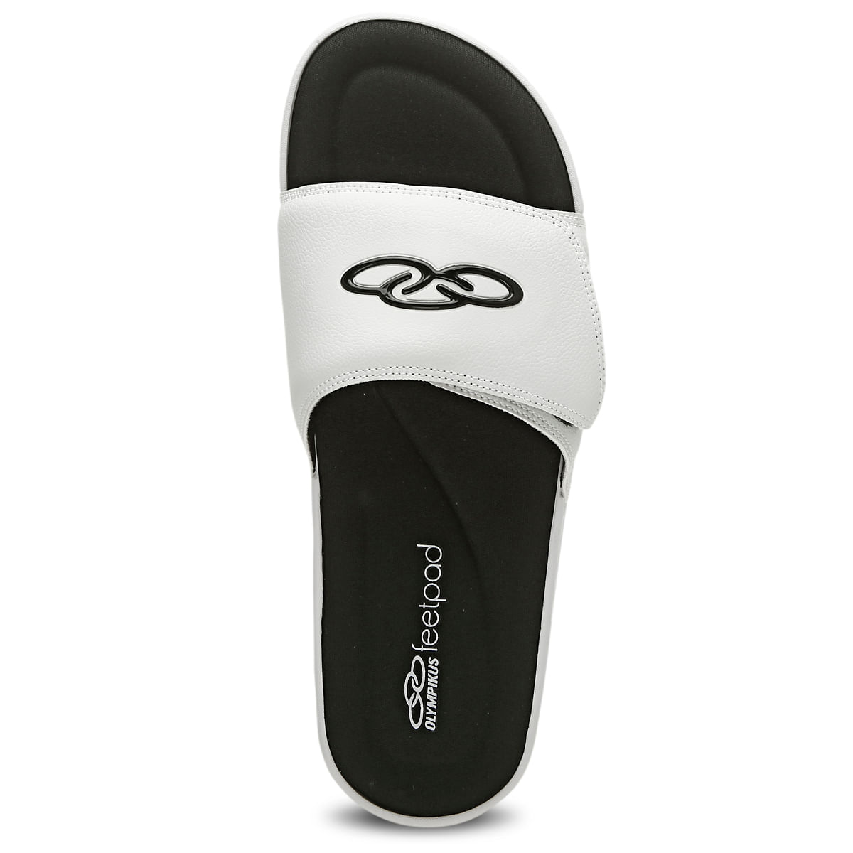 Visão superior do chinelo Olympikus Melbourne branco masculino mostrando palmilha anatômica preta e tirante largo branco
